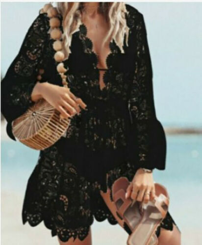 Lace Bathing Suit Cover Up for Women, featuring a boho design with a flowing silhouette, perfect for beach outings.