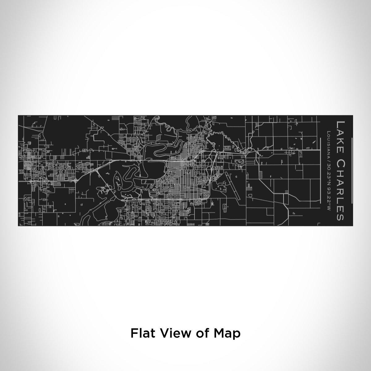 Matte black insulated cup featuring a custom engraved map of Lake Charles, Louisiana with coordinates.