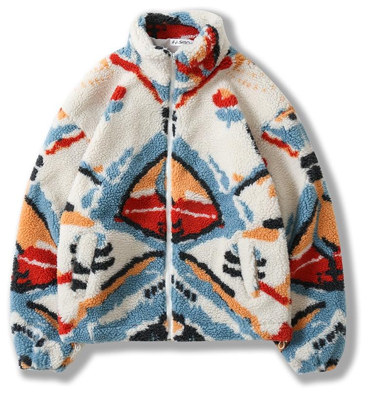 Men's lambswool winter jacket in colorful tie-dye pattern with pockets and zipper closure, perfect for autumn and winter streetwear.