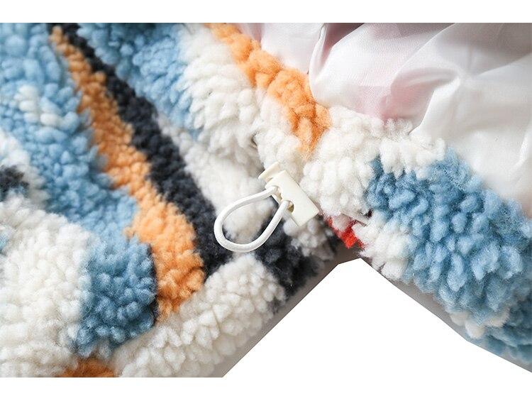 Men's lambswool winter jacket in colorful tie-dye pattern with pockets and zipper closure, perfect for autumn and winter streetwear.