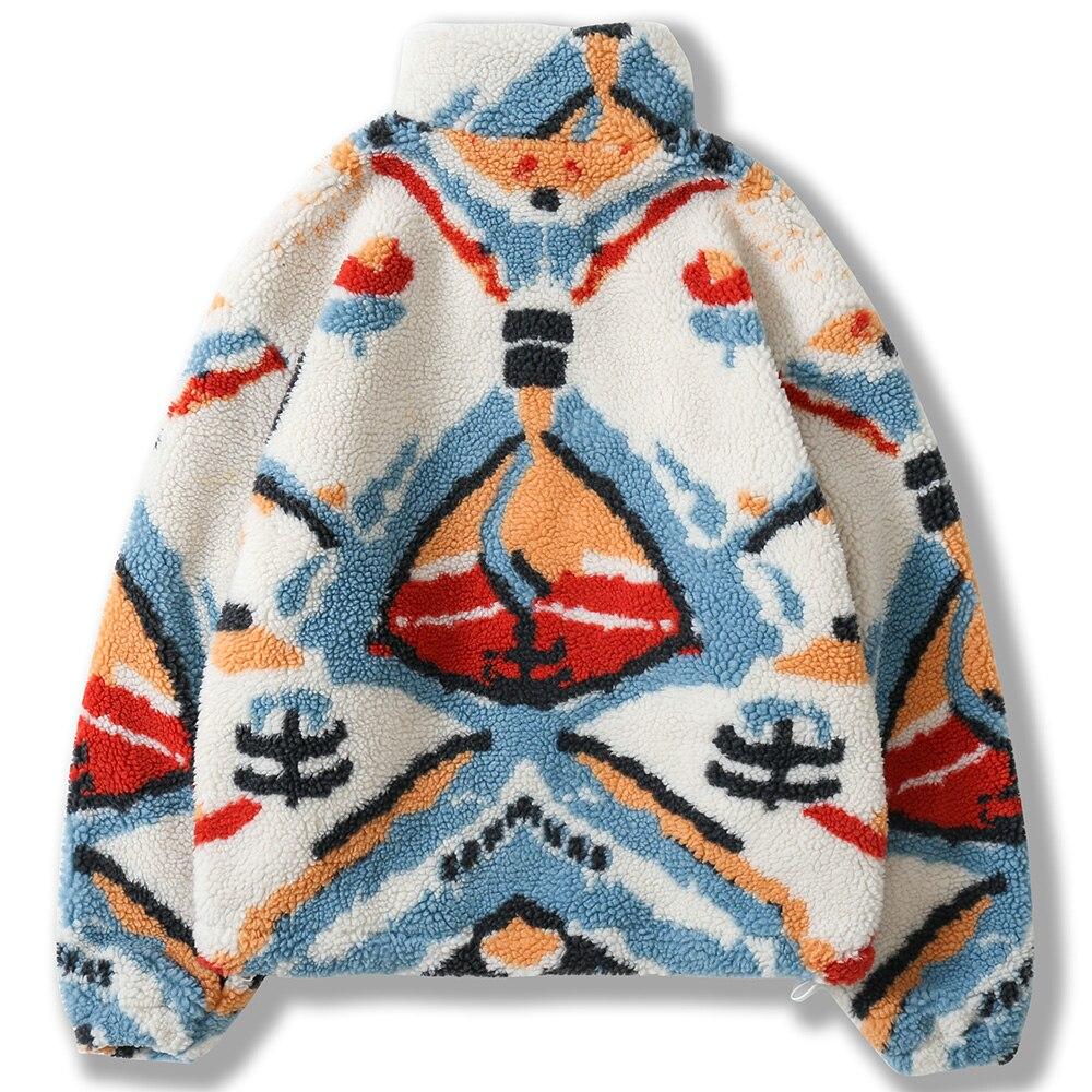 Men's lambswool winter jacket in colorful tie-dye pattern with pockets and zipper closure, perfect for autumn and winter streetwear.