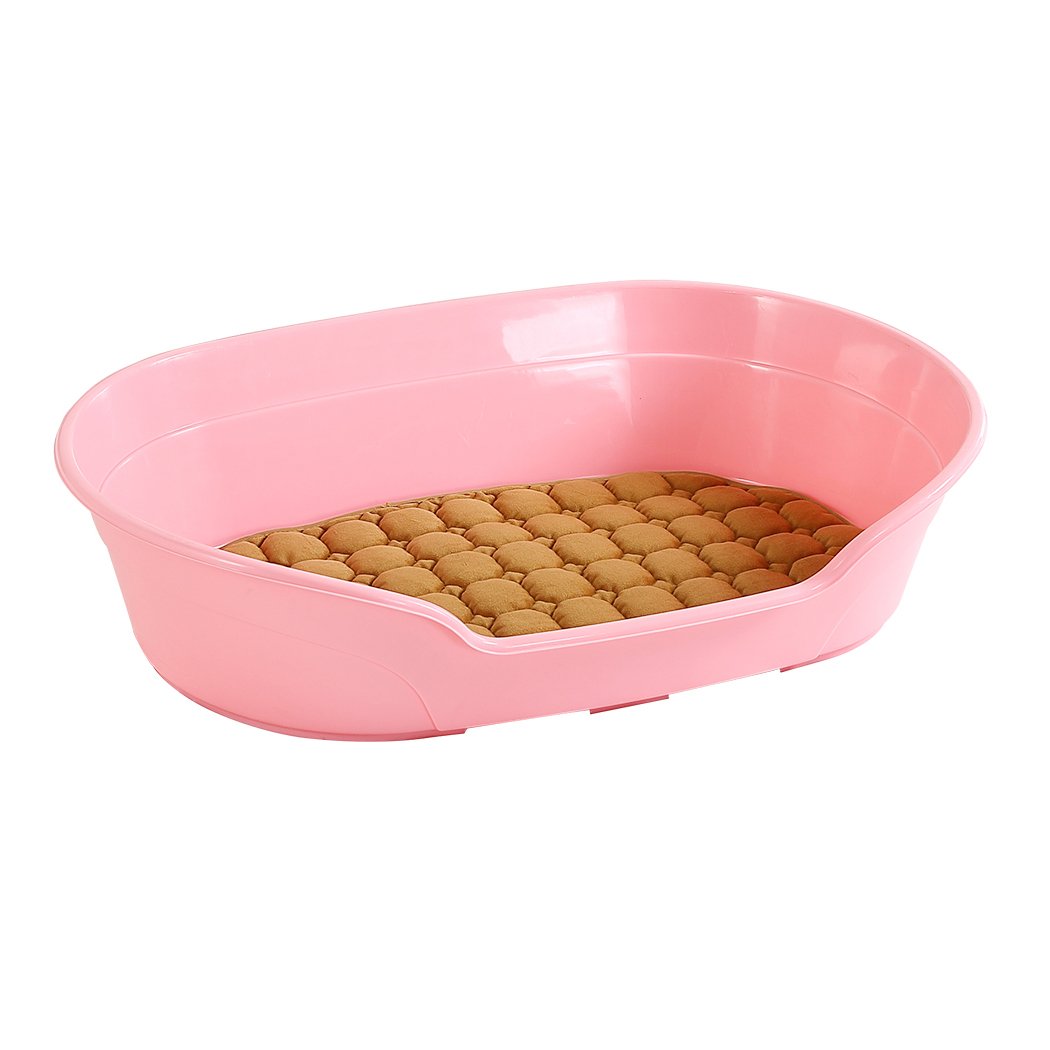 Large 85cm pink plastic pet bed with ventilation holes, featuring high sides and an anti-skid pad, suitable for indoor and outdoor use.