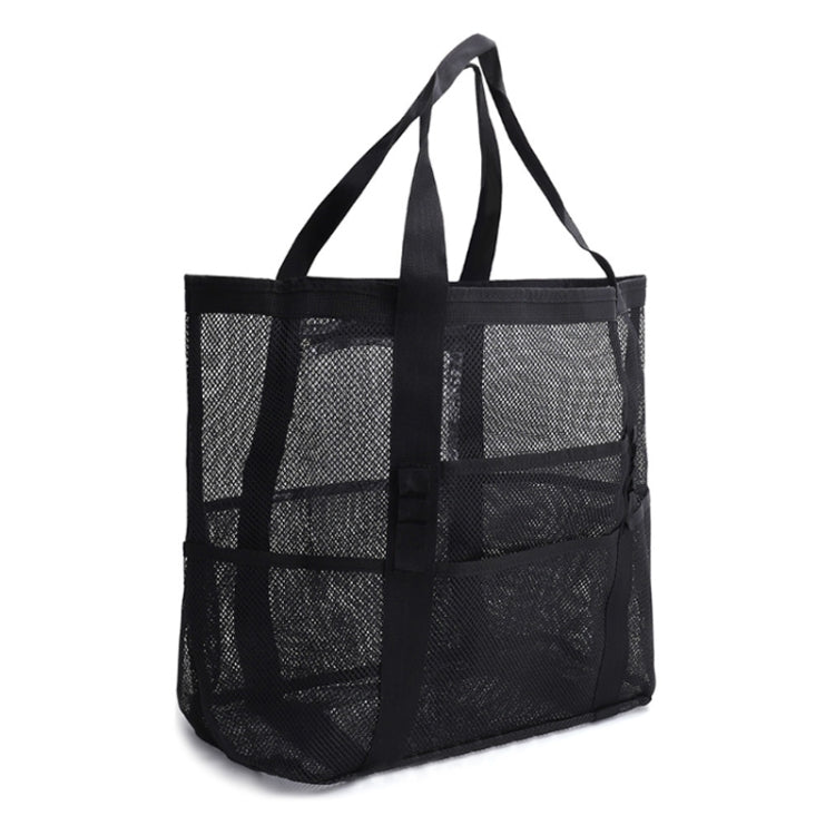 Large Capacity Mesh Swimming Tote Beach Bag in black, featuring multiple pockets and a spacious design for beach and travel essentials.