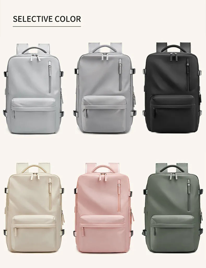 Large extendable travel backpack designed for business and college use, featuring a padded compartment for a 16-inch laptop.