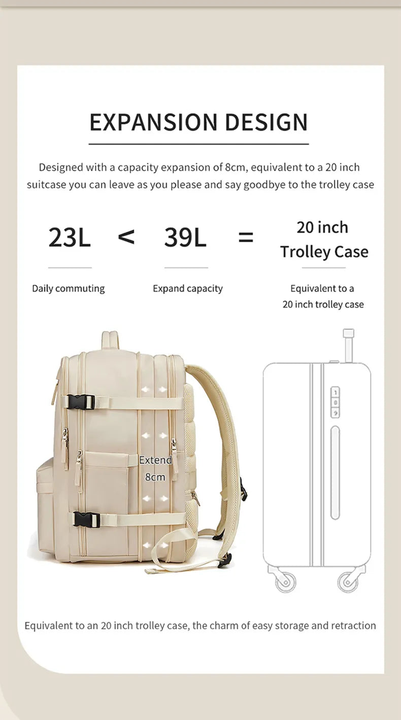 Large extendable travel backpack designed for business and college use, featuring a padded compartment for a 16-inch laptop.