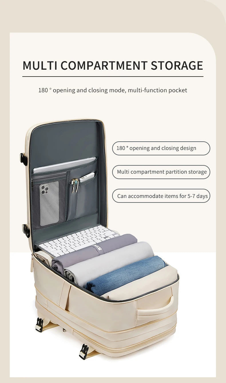 Large extendable travel backpack designed for business and college use, featuring a padded compartment for a 16-inch laptop.