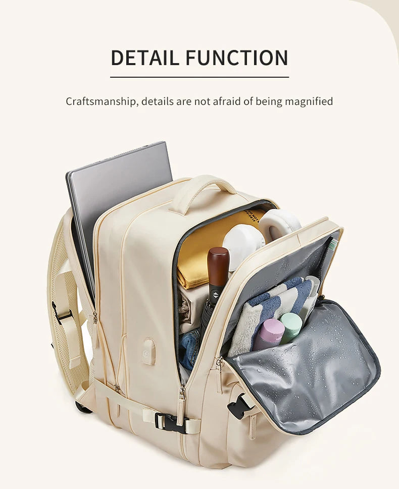 Large extendable travel backpack designed for business and college use, featuring a padded compartment for a 16-inch laptop.