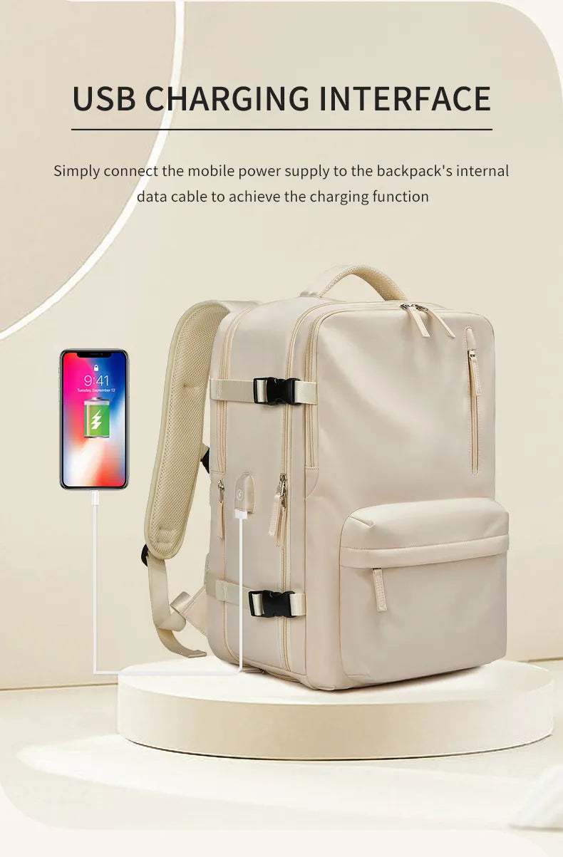 Large extendable travel backpack designed for business and college use, featuring a padded compartment for a 16-inch laptop.