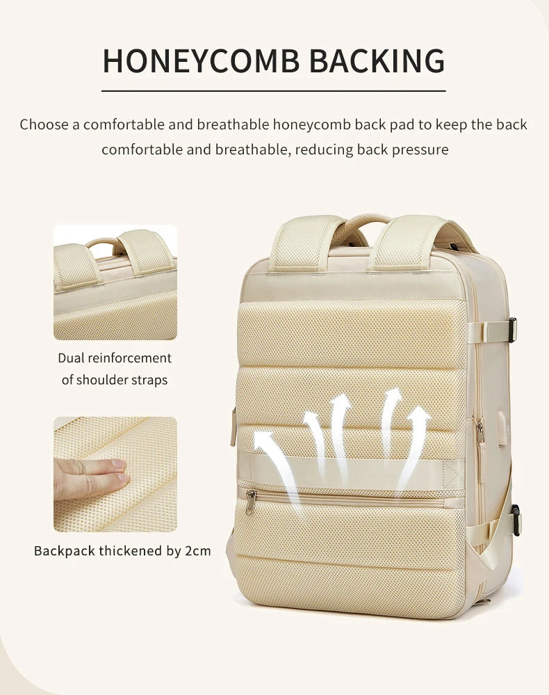 Large extendable travel backpack designed for business and college use, featuring a padded compartment for a 16-inch laptop.