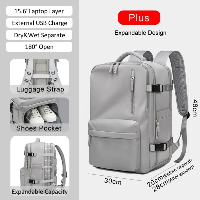Large extendable travel backpack designed for business and college use, featuring a padded compartment for a 16-inch laptop.