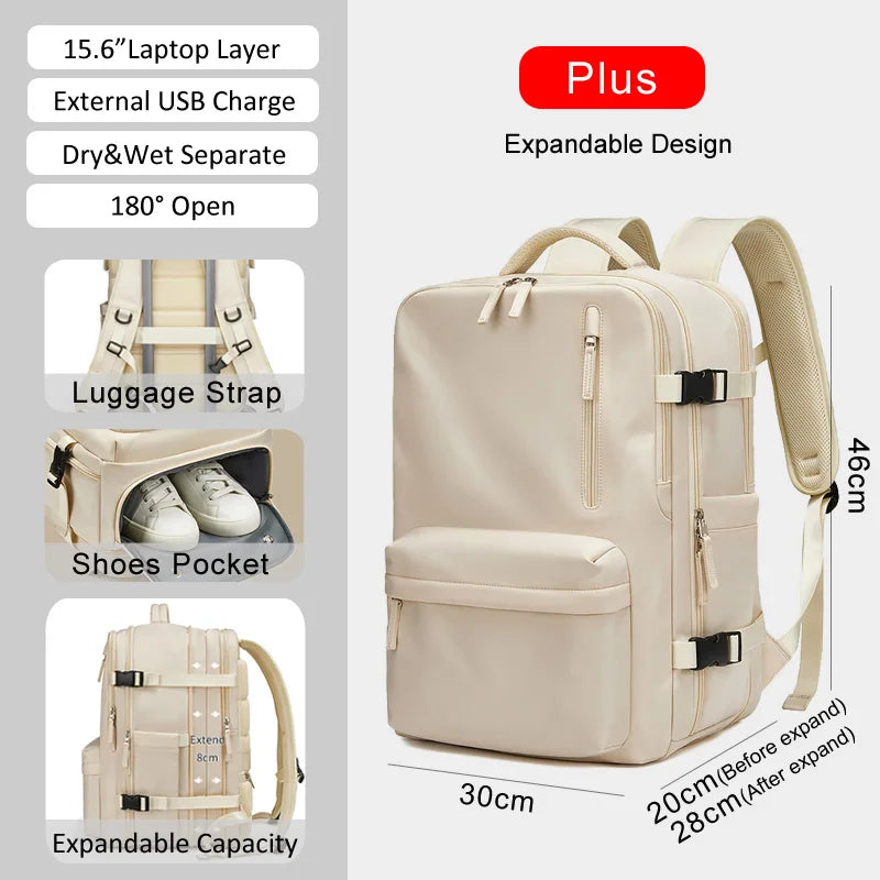 Large extendable travel backpack designed for business and college use, featuring a padded compartment for a 16-inch laptop.