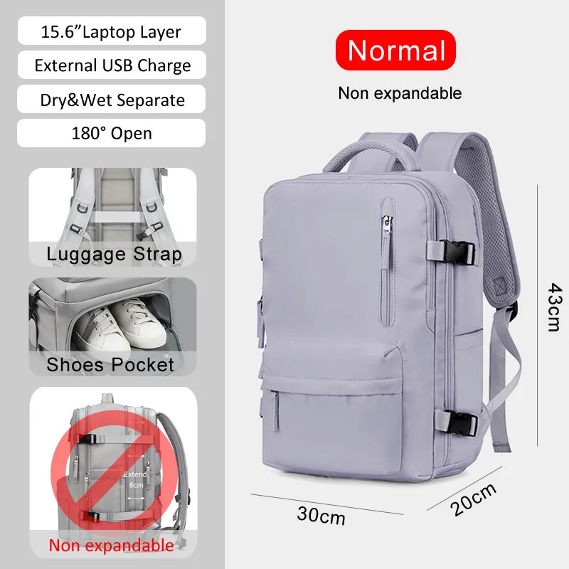 Large extendable travel backpack designed for business and college use, featuring a padded compartment for a 16-inch laptop.