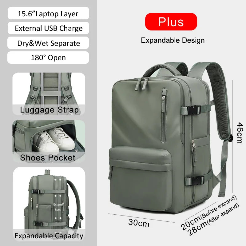 Large extendable travel backpack designed for business and college use, featuring a padded compartment for a 16-inch laptop.