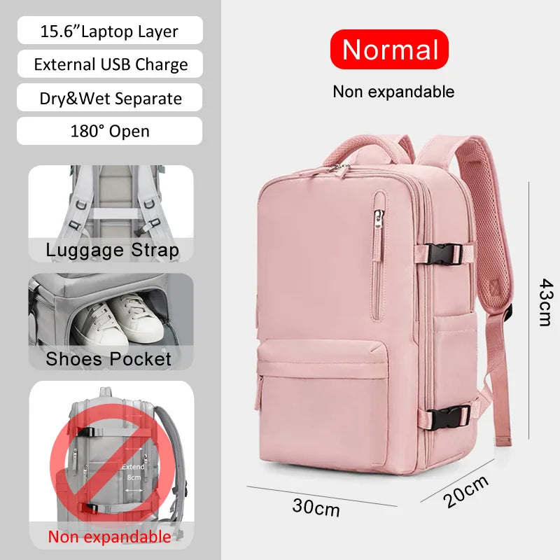 Large extendable travel backpack designed for business and college use, featuring a padded compartment for a 16-inch laptop.