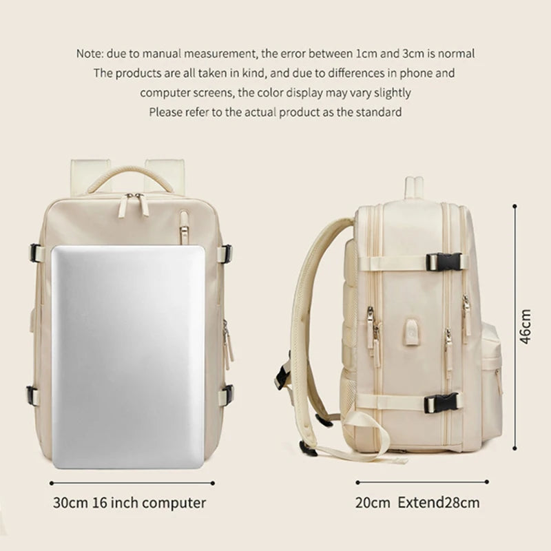 Large extendable travel backpack designed for business and college use, featuring a padded compartment for a 16-inch laptop.