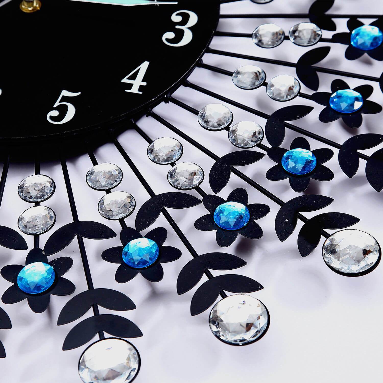 Large Modern 3D Crystal Wall Clock with black glass round dial and crystal accents, showcasing a luxurious sunburst design.