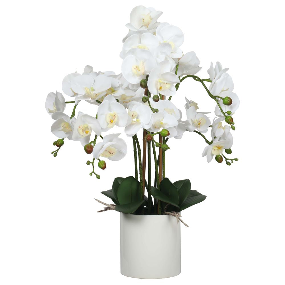 Large Multi-Stem White Potted Faux Orchid in a modern round white pot, showcasing lifelike flowers and lush green leaves.