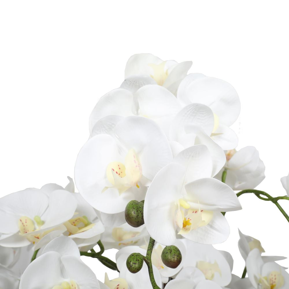 Large Multi-Stem White Potted Faux Orchid in a modern round white pot, showcasing lifelike flowers and lush green leaves.
