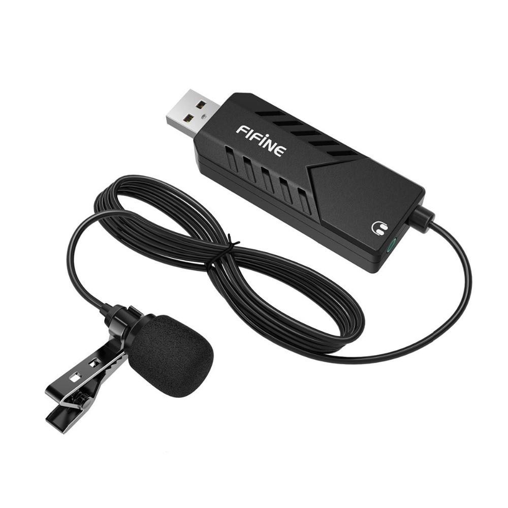Lavalier microphone with USB sound card, designed for PC and Mac, featuring a clip-on design for easy attachment and high-quality audio capture.