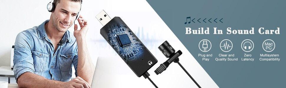 Lavalier microphone with USB sound card, designed for PC and Mac, featuring a clip-on design for easy attachment and high-quality audio capture.