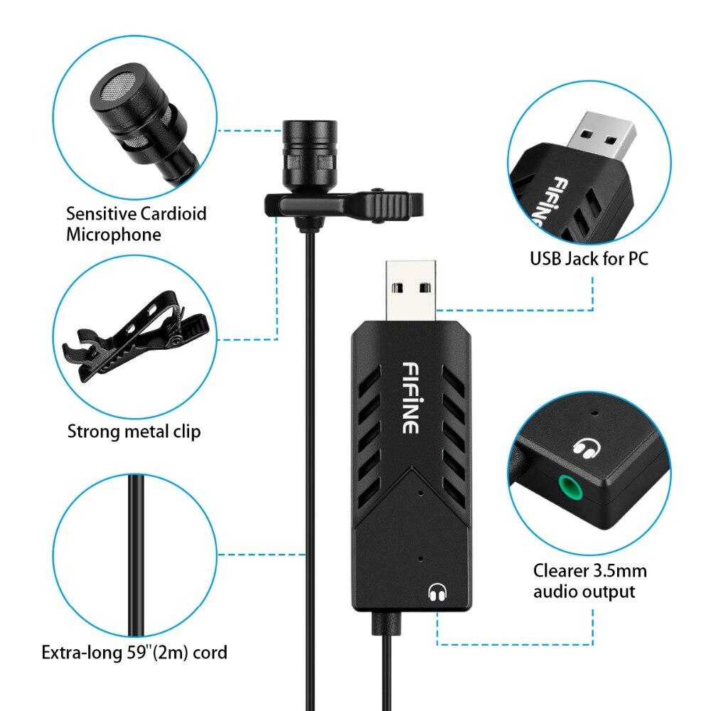 Lavalier microphone with USB sound card, designed for PC and Mac, featuring a clip-on design for easy attachment and high-quality audio capture.