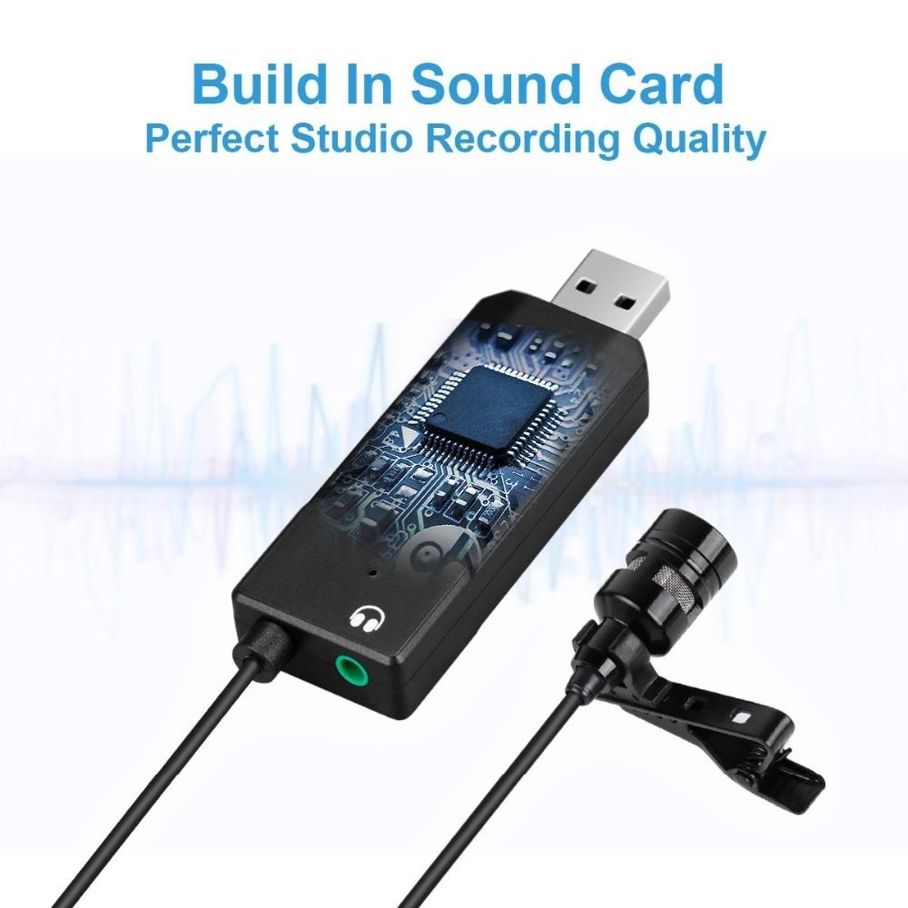 Lavalier microphone with USB sound card, designed for PC and Mac, featuring a clip-on design for easy attachment and high-quality audio capture.