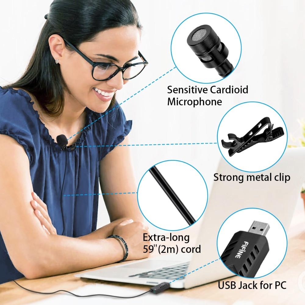 Lavalier microphone with USB sound card, designed for PC and Mac, featuring a clip-on design for easy attachment and high-quality audio capture.