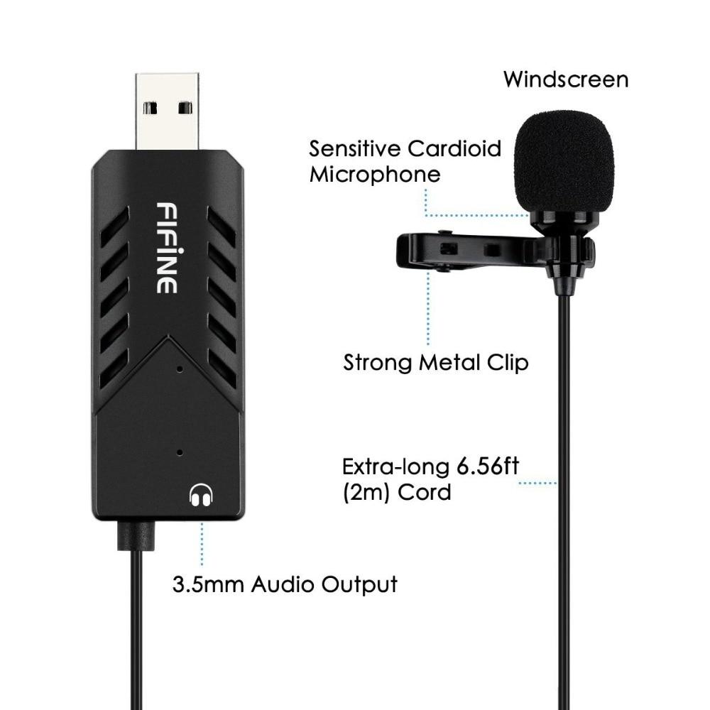 Lavalier microphone with USB sound card, designed for PC and Mac, featuring a clip-on design for easy attachment and high-quality audio capture.