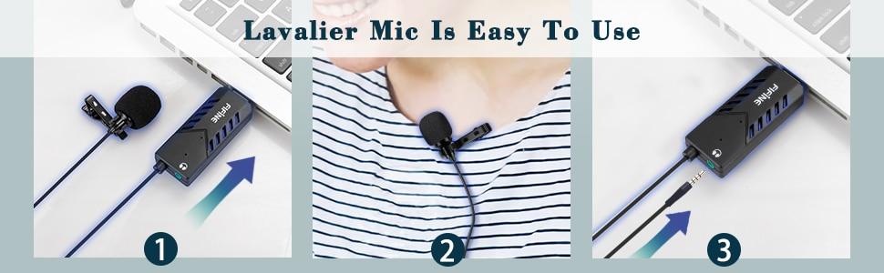 Lavalier microphone with USB sound card, designed for PC and Mac, featuring a clip-on design for easy attachment and high-quality audio capture.