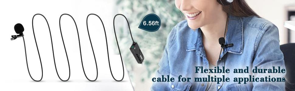 Lavalier microphone with USB sound card, designed for PC and Mac, featuring a clip-on design for easy attachment and high-quality audio capture.