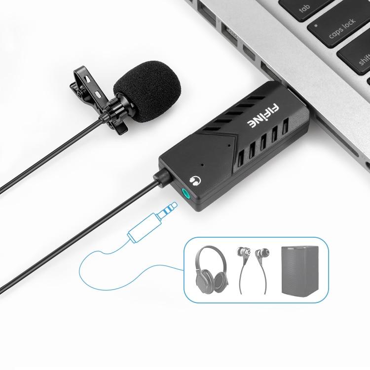 Lavalier microphone with USB sound card, designed for PC and Mac, featuring a clip-on design for easy attachment and high-quality audio capture.