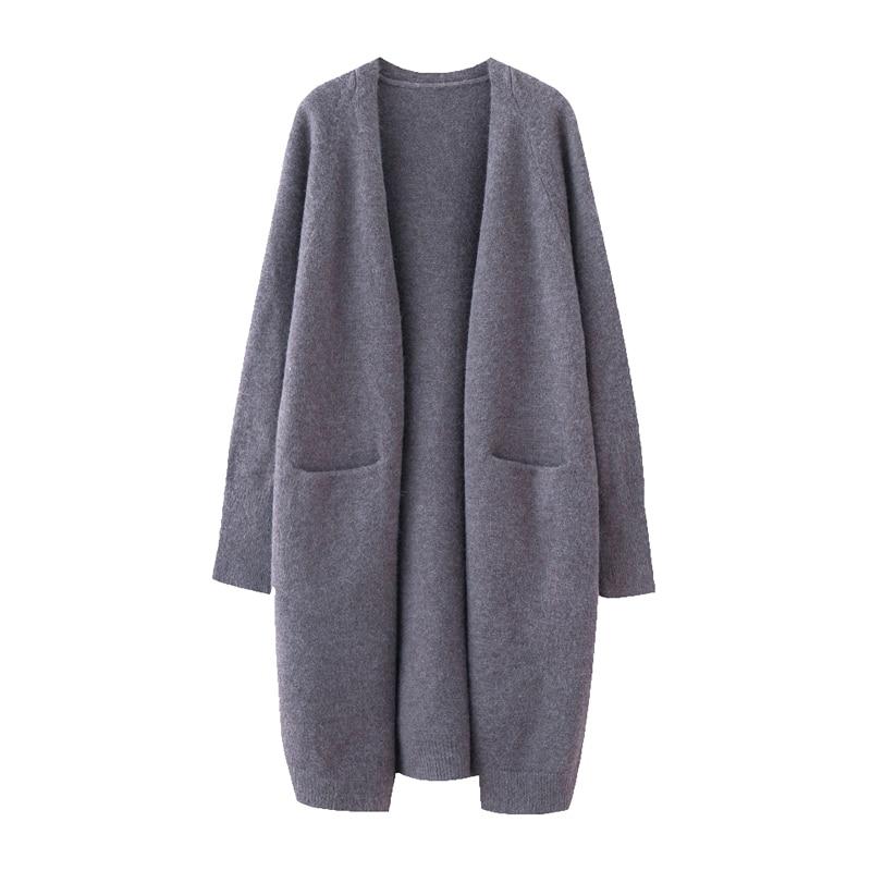 A stylish Lazy V-neck Oversize Long Sweater Cardigan in a solid color, featuring a relaxed fit and pockets, perfect for casual wear.