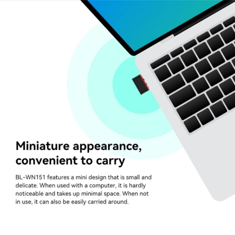 LB-LINK BL-WN151 USB Adapter in a laptop USB port, showcasing its compact design and sleek appearance.