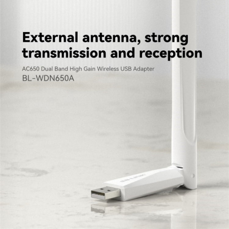 LB-LINK WDN650A wireless adapter with dual-band capabilities and high gain antenna for desktop and laptop use.