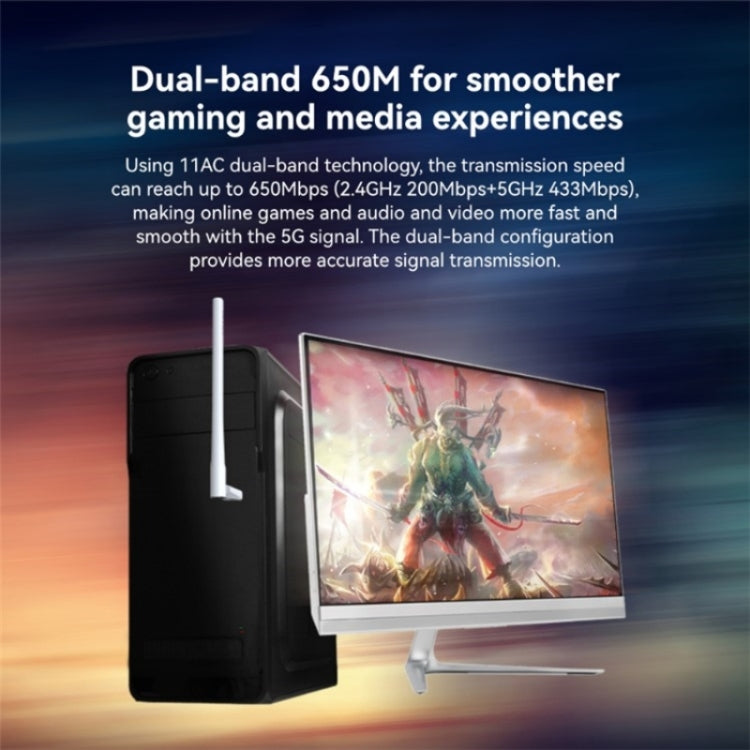 LB-LINK WDN650A wireless adapter with dual-band capabilities and high gain antenna for desktop and laptop use.