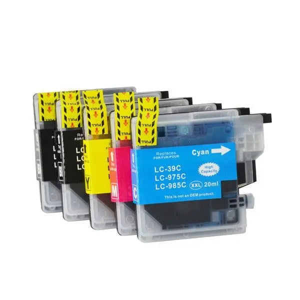 LC39 Compatible Inkjet Cartridge Set featuring 5 cartridges: 2 black, 1 cyan, 1 magenta, and 1 yellow, all in a boxed set.