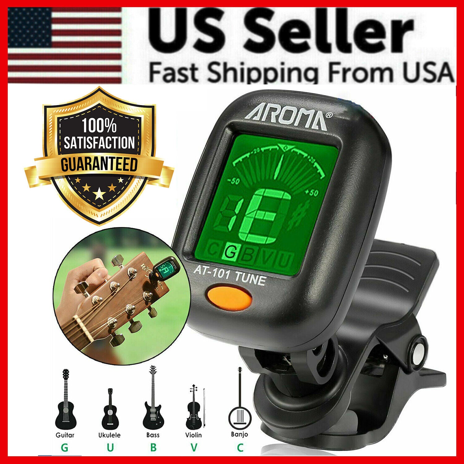 LCD Clip On Chromatic Tuner for Guitar, Bass, Ukulele, and Banjo with large display and clip-on design.
