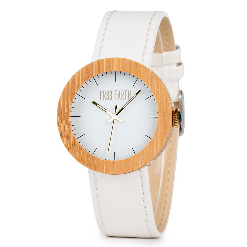 Le Blanc women's wood watch featuring a genuine leather band, stainless steel and bamboo face, showcasing elegance and sophistication.