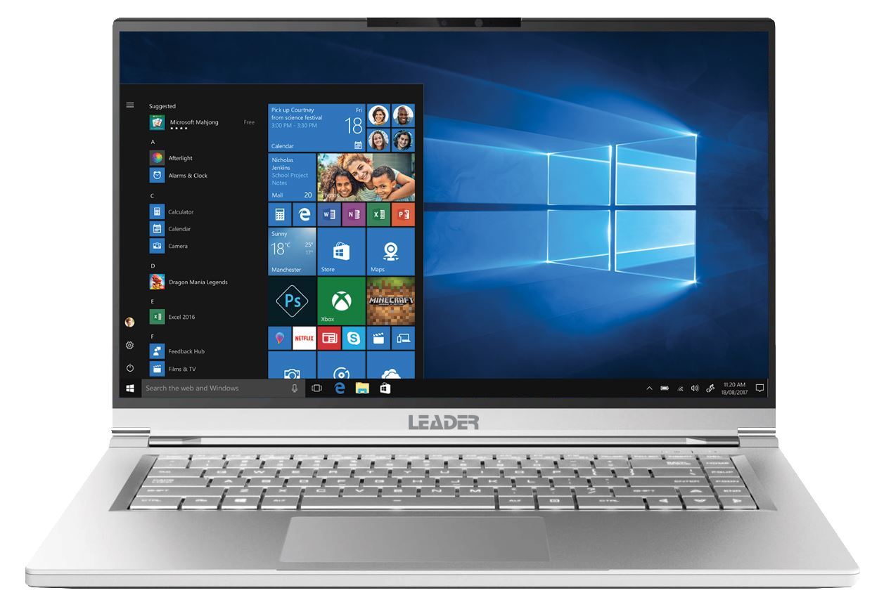 LEADER Companion 573 laptop with 15.6-inch Full HD display, Intel i7 processor, and sleek silver magnesium aluminum chassis.