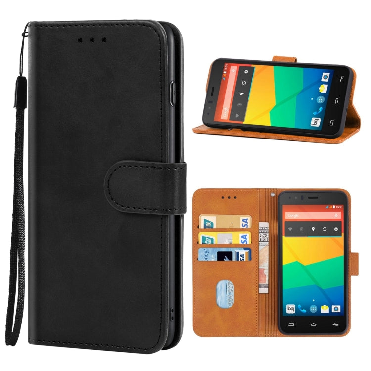 Black leather phone case designed for BQ Aquaris E5, featuring card slots and a holder for horizontal viewing.