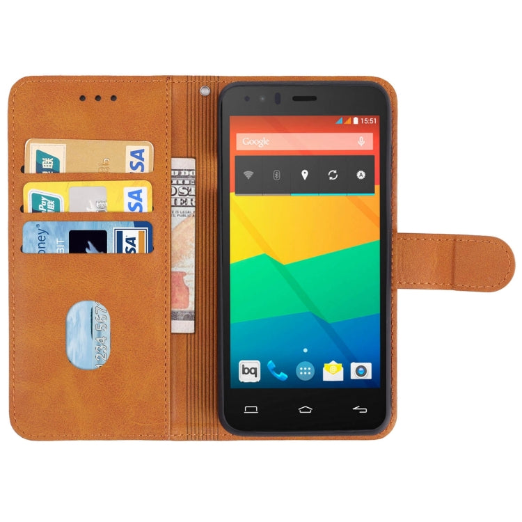 Black leather phone case designed for BQ Aquaris E5, featuring card slots and a holder for horizontal viewing.