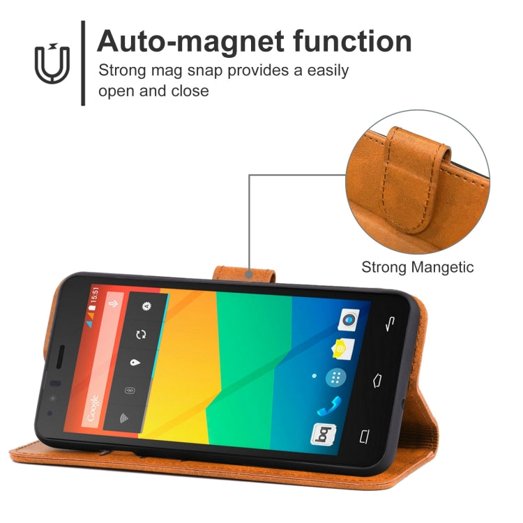 Black leather phone case designed for BQ Aquaris E5, featuring card slots and a holder for horizontal viewing.