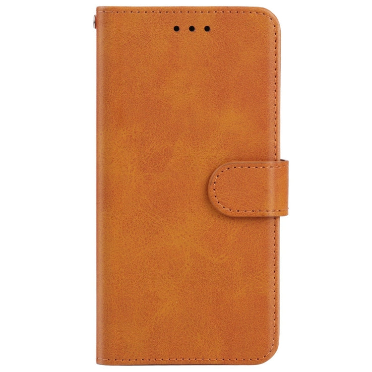 Brown leather phone case designed for Infinix Smart 5 Pro, featuring a card slot and stand functionality.