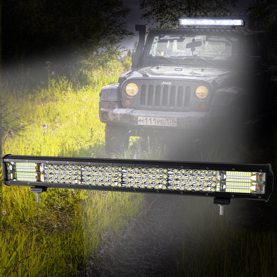 LED Light Bar featuring spot and flood beam capabilities, durable aluminum casing, and impact-resistant lens, ideal for offroad and camping use.