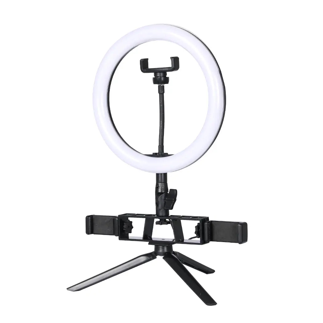 LED Ring Light with Tripod Stand and Phone Holders, showcasing adjustable brightness and color temperature features.