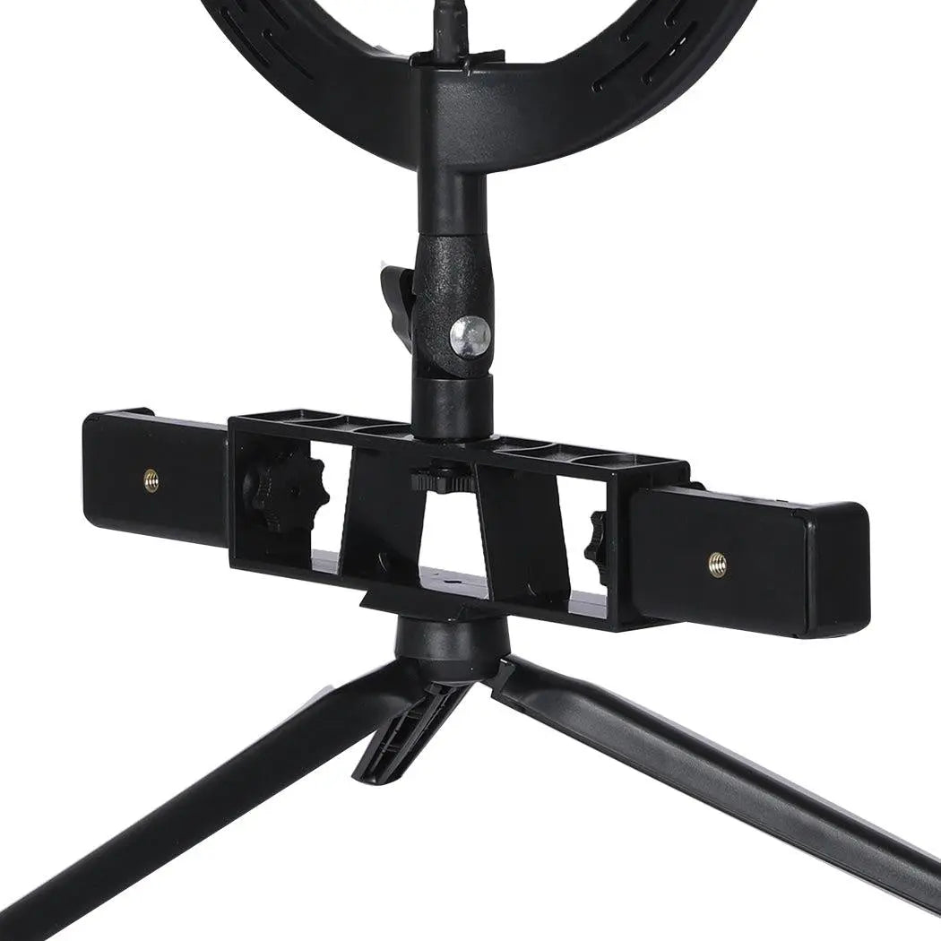 LED Ring Light with Tripod Stand and Phone Holders, showcasing adjustable brightness and color temperature features.