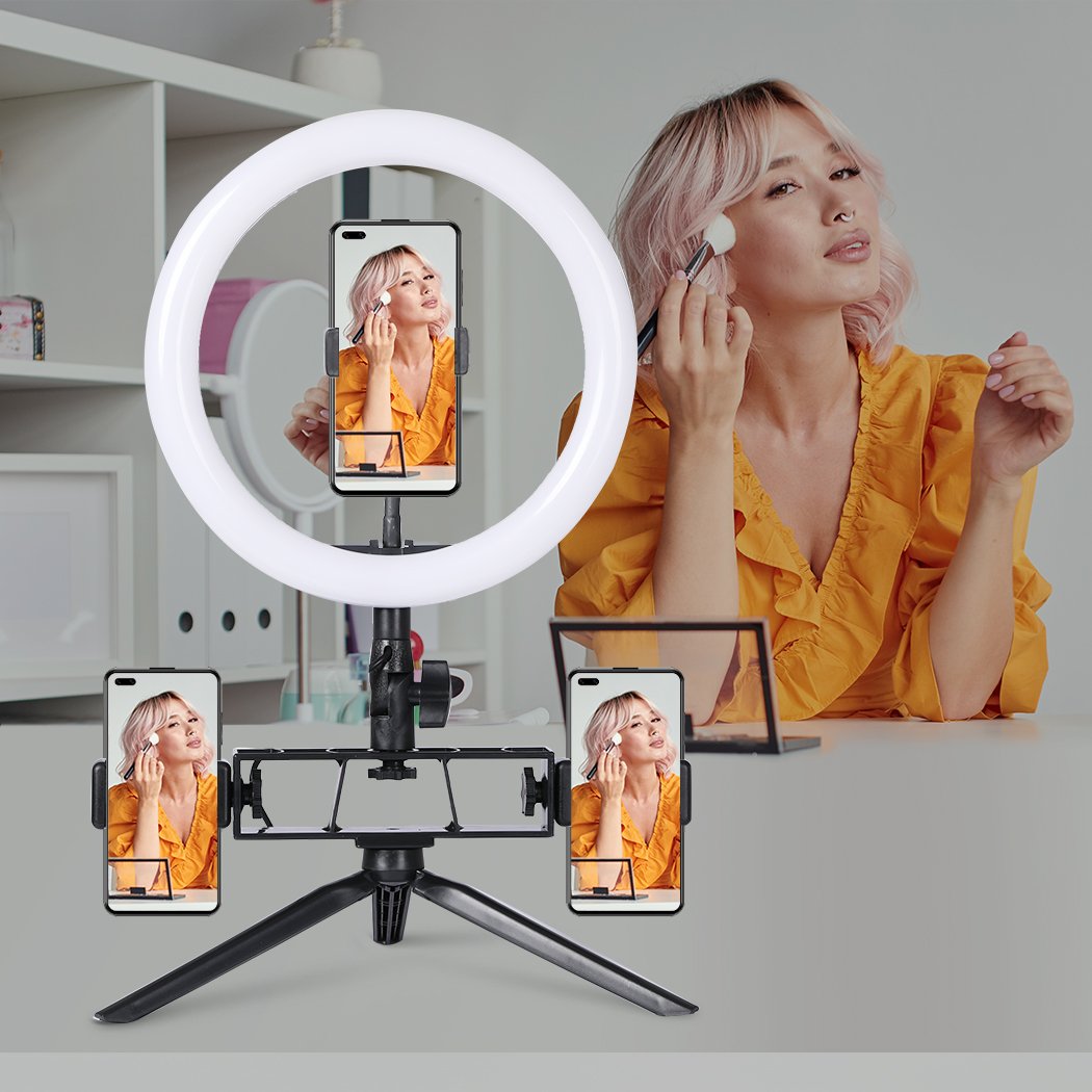 LED Ring Light with Tripod Stand and Phone Holders, showcasing adjustable brightness and color temperature features.