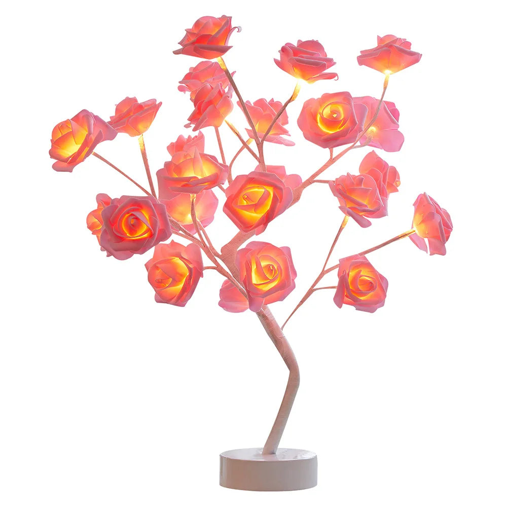 LED Table Lamp designed as a rose flower tree with warm white lights, showcasing a unique bonsai style for home decor.