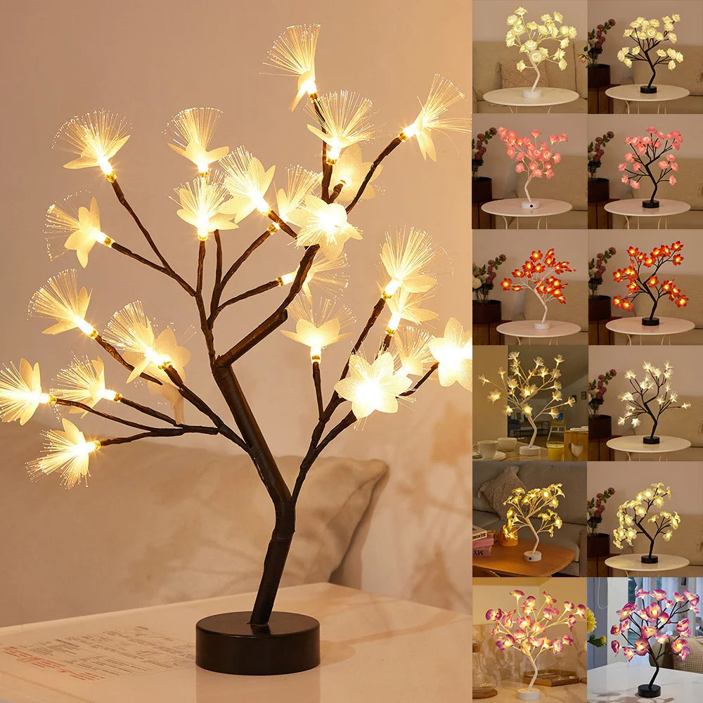 LED Table Lamp designed as a rose flower tree with warm white lights, showcasing a unique bonsai style for home decor.