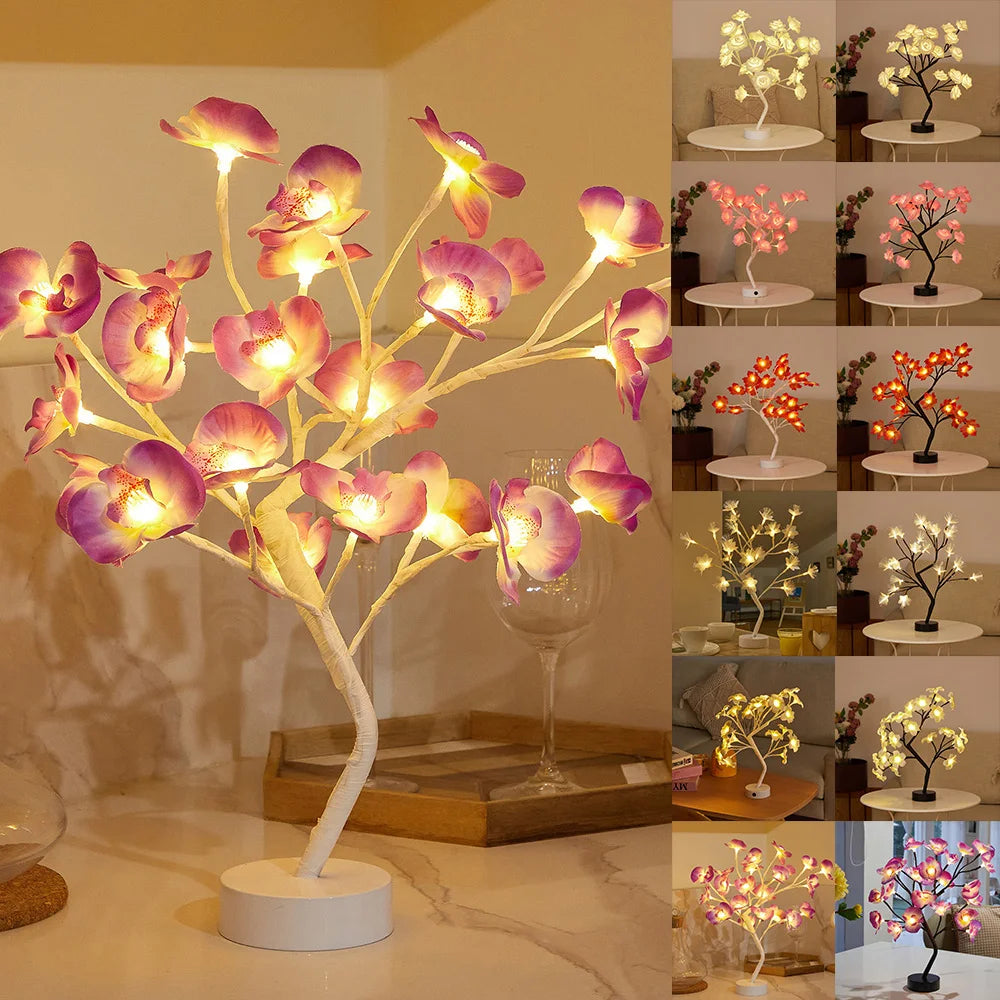 LED Table Lamp designed as a rose flower tree with warm white lights, showcasing a unique bonsai style for home decor.